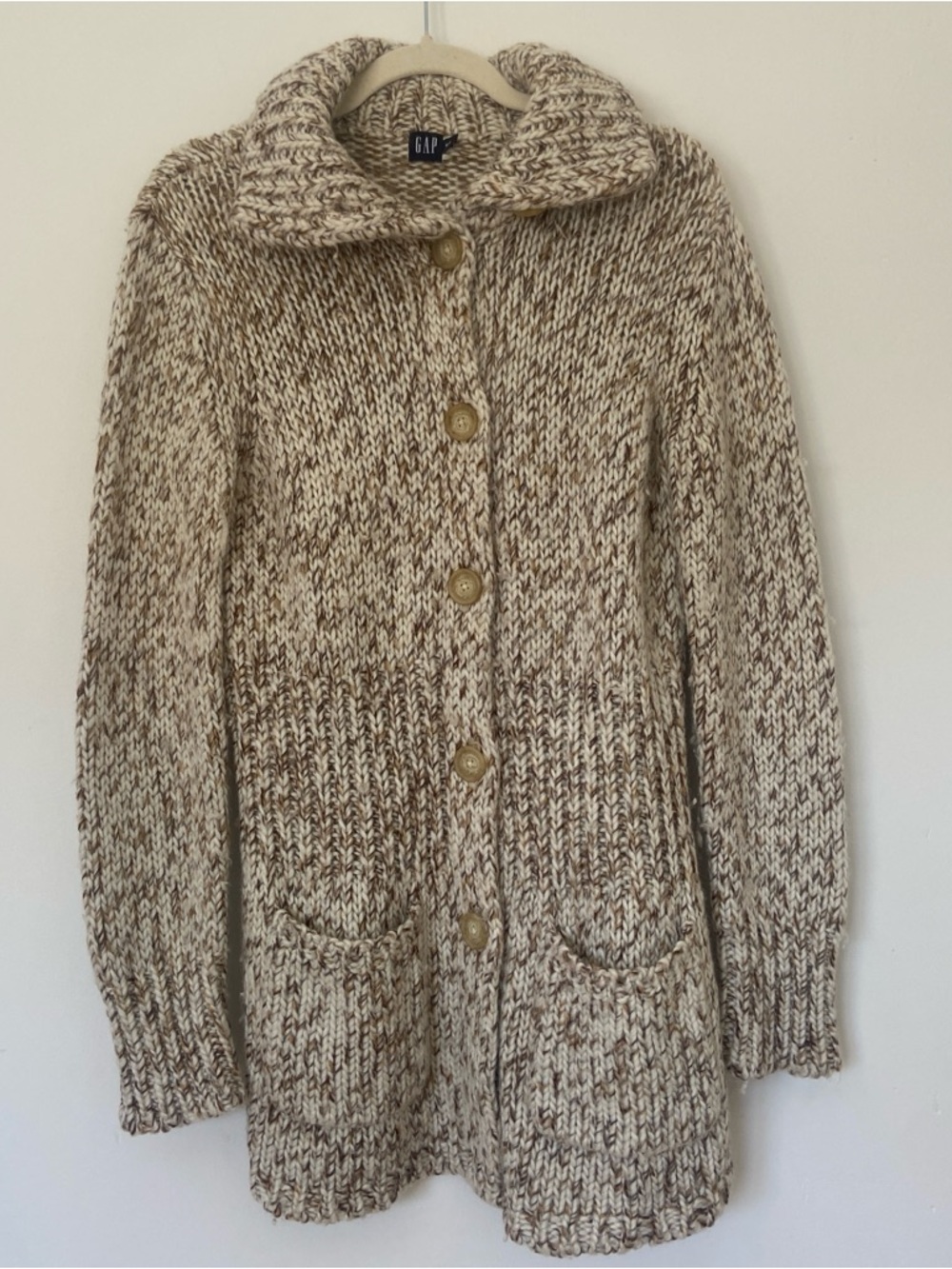 Vintage GAP Chunky Knit Wool Cardigan Sweater Medium Oatmeal Brown